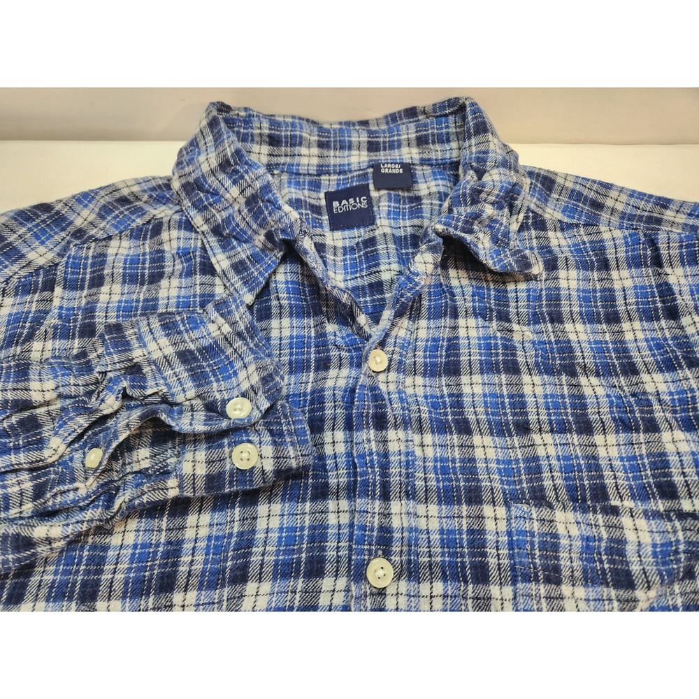 Basic Editions Mens Blue Plaid Flannel Long Sleeve Button Up Shirt Size Large